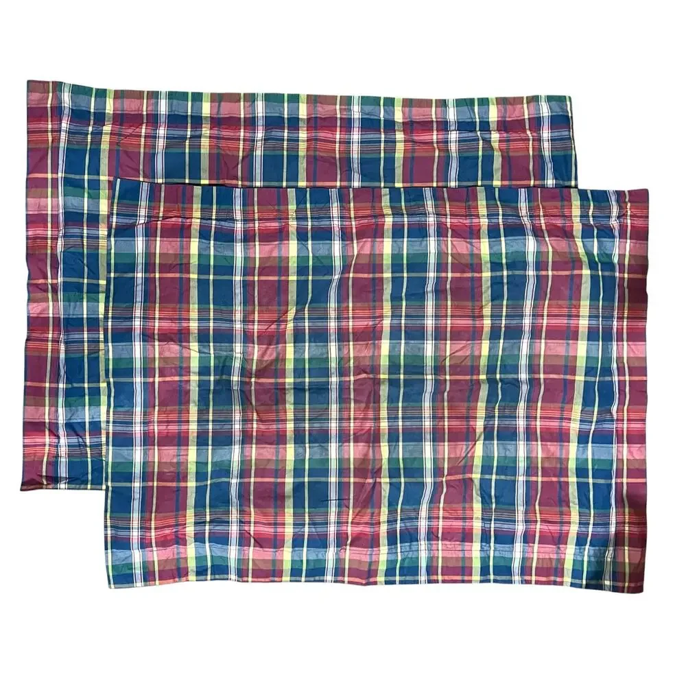Vintage Ralph Lauren Pillow Sham Set of 2 Standard Plaid Madras Blue Red Cotton